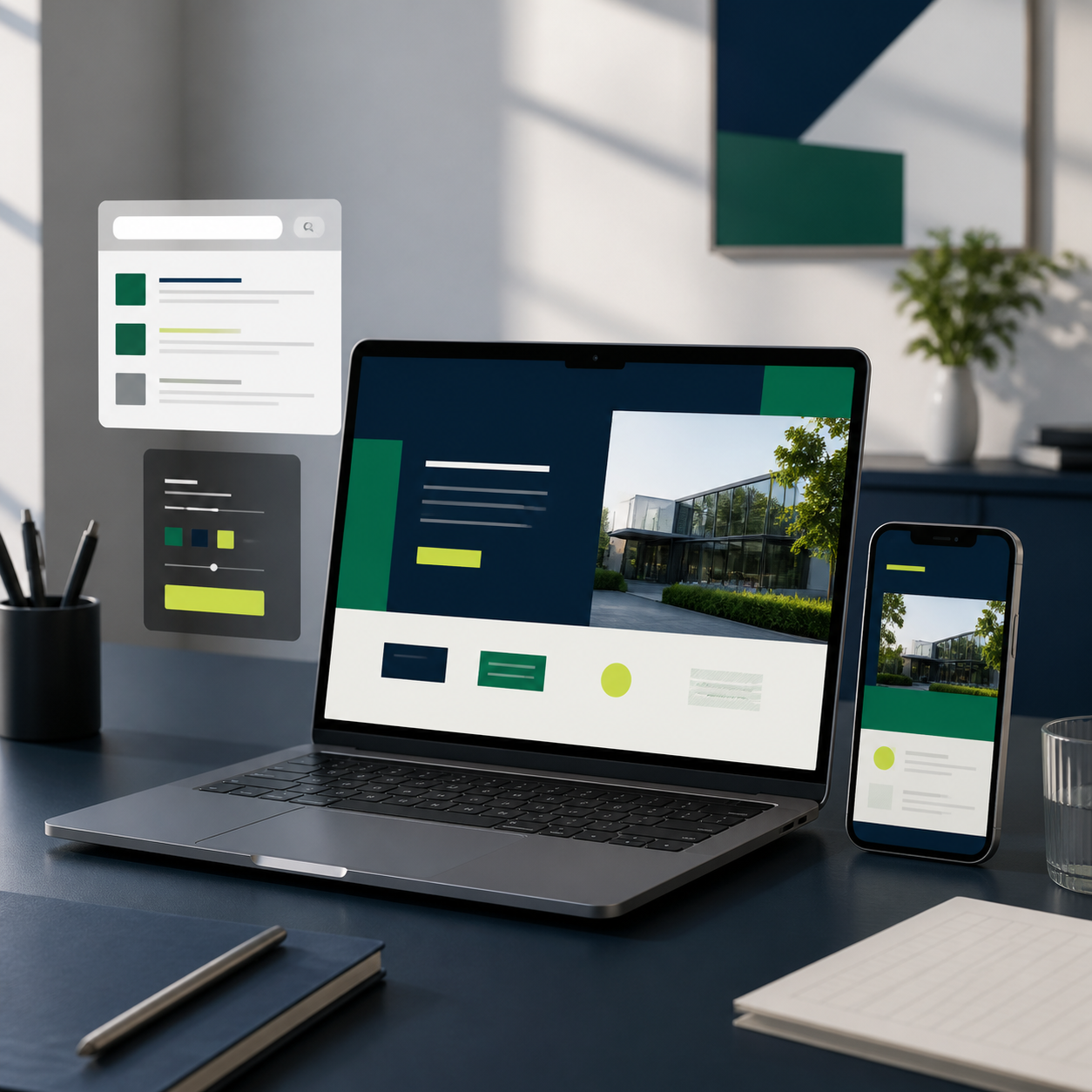 Arbeitsplatz mit Laptop, Smartphone, Suchvorschau und Inhaltsbearbeitung für eine responsive Firmenwebsite